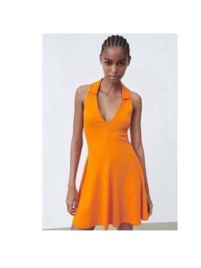 NWTZARA LAPEL COLLAR RIB SKATER DRESS ORANGE BLOGGERS FAV